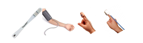 Medical devices in use on a person's arm and hand: a thermometer strip on the forehead, a blood pressure cuff wrapped around the upper arm, and a pulse oximeter clipped onto a finger