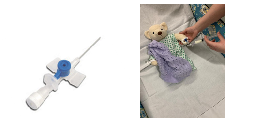 On the left, a medical device—an intravenous (IV) catheter—is shown.  It features a small, flexible tube that is inserted into a vein using a needle. The catheter includes stabilising wings on either side. On the right, a teddy bear lies on a bed with a purple blanket while two hands hold its arm, simulating the administration of an IV using a similar device.