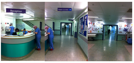 Collage of three hospital photos: the first shows a reception area with two medical staff in blue scrubs and red shoes, one seated and one standing; the second shows a hallway with another staff member in blue scrubs and red shoes, with signage for 'Theatres'; the third shows an empty corridor decorated with colourful letters and symbols on the walls.