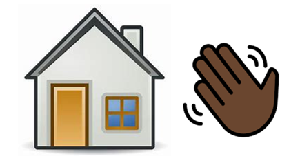 Two emojis side by side: a house with a yellow door and blue-paned window on the left, and a hand waving with motion lines on the right.
