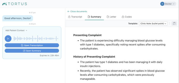 A screen with a voice recording box on left and on the right a written clinical note