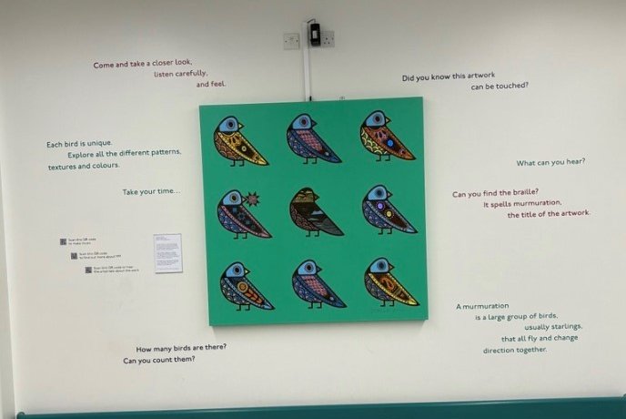 Colourful artwork of nine patterned birds on a turquoise background, with descriptive text on the surrounding wall.
