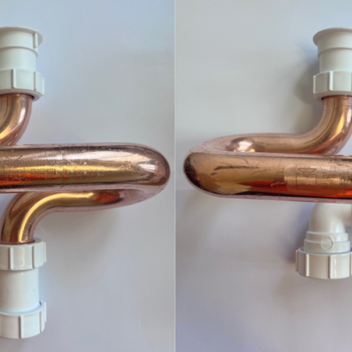 2 photos side by side of bronze sink pipes with horizontal bends. The left one is slightly largers