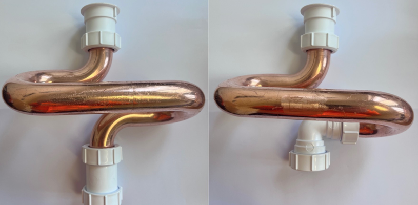2 photos side by side of bronze sink pipes with horizontal bends. The left one is slightly largers