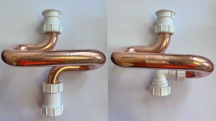 2 photos side by side of bronze sink pipes with horizontal bends. The left one is slightly largers