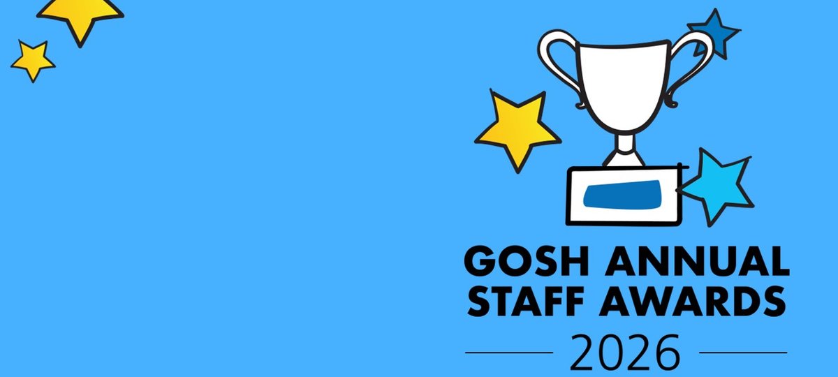 A blue image with the staff awards logo which has a trophy and three staff in shades of blue and yellow. There is text that says 'GOSH Annual Staff Awards 2026'