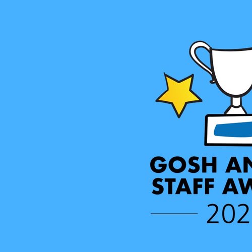 A blue image with the staff awards logo which has a trophy and three staff in shades of blue and yellow. There is text that says 'GOSH Annual Staff Awards 2026'