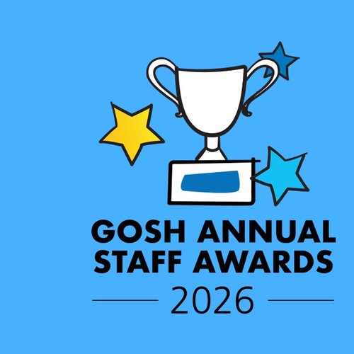 A blue image with the staff awards logo which has a trophy and three staff in shades of blue and yellow. There is text that says 'GOSH Annual Staff Awards 2026'