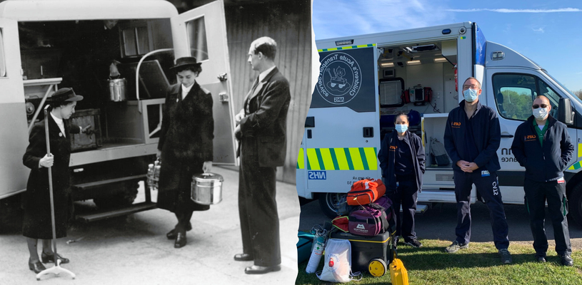 A split image: on the left the archive photo of the Flying Squad in 1948. On the right, today's CATs Retrieval team.