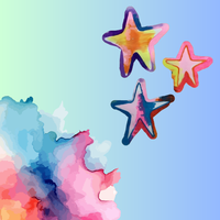 Decorative image of paint splatters and stars on a blue background