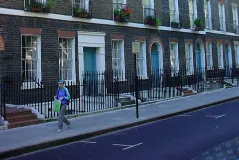 A street view of the staff accommodation in Bernard Street, Bloomsbury
