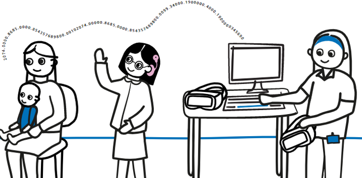 Illustration of healthcare professional using a computer and a child with a cochlear implant. There are numbers leaving the computer that represent data.