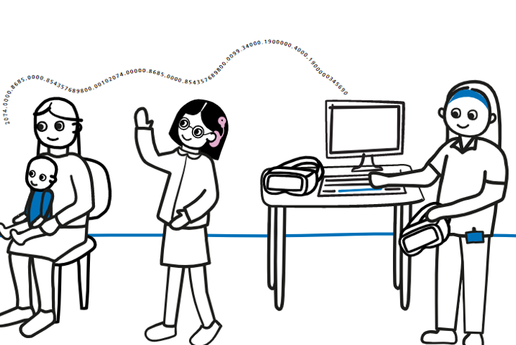 Illustration of healthcare professional using a computer and a child with a cochlear implant. There are numbers leaving the computer that represent data.