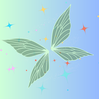 Decorative image of green fairy wings on blue background with multicoloured sparkles