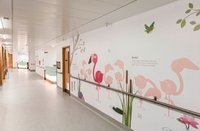 A hospital corridor with flamingoes on the wall in rose and pink is shown
