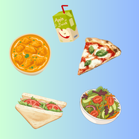 Decorative image of different plates of food on a blue background