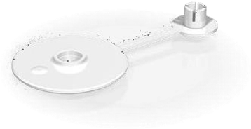 Mechanical component featuring two circular parts joined by a straight rod. The larger circle includes a central hole and a smaller hole near its edge, while the smaller circle has a cylindrical protrusion on top.