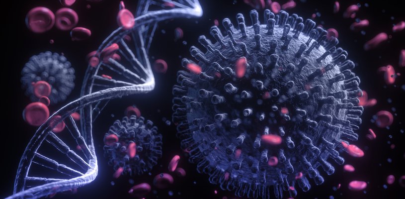 Cartoon image of blood cells, DNA and circulating viruses