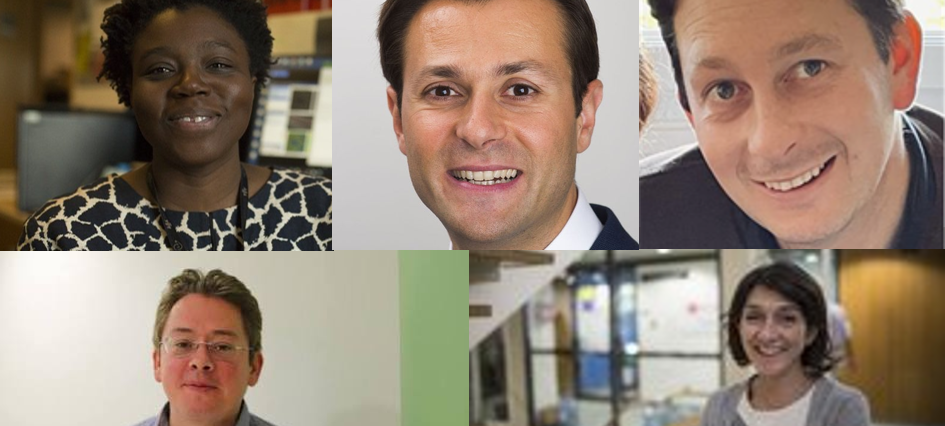 A composite image of four portraits. Three men and two women smile at the camera.