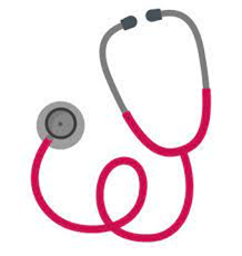 A stethoscope with red tubing and grey earpieces. The circular grey chest piece is connected to the red tubing, which loops around and splits into grey tubing leading to the earpieces