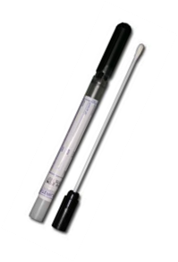 A swab featuring a long, thin cotton-tipped swab and a cylindrical plastic tube with a black cap