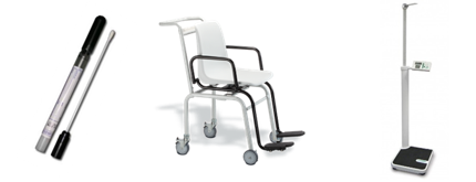 Three medical devices are displayed: a black and white swab with a cap, a white wheeled chair with armrests and footrests in the centre, and a digital scale with an attached height measuring rod on the right.