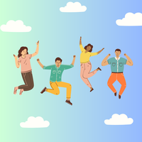 Blu background with cartoon images of people jumping in clouds
